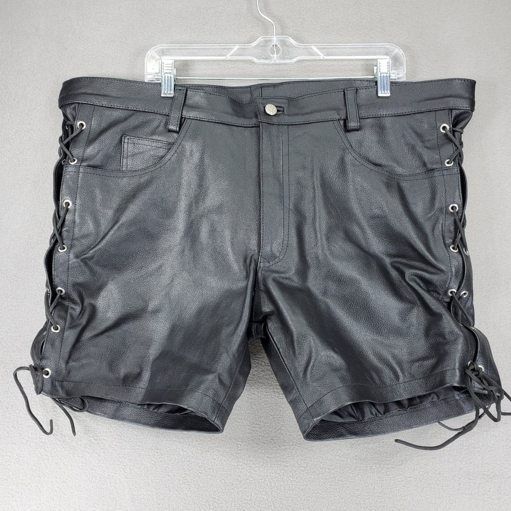 Genuine Leather Biker Shorts Men 42 Black Side Lace Up Moto Rocker Fetish BDSM